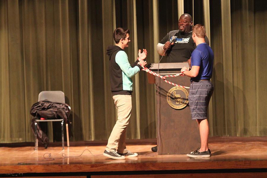 Ryan Raley and Brett Guy participate in the Winning Edge assembly. 