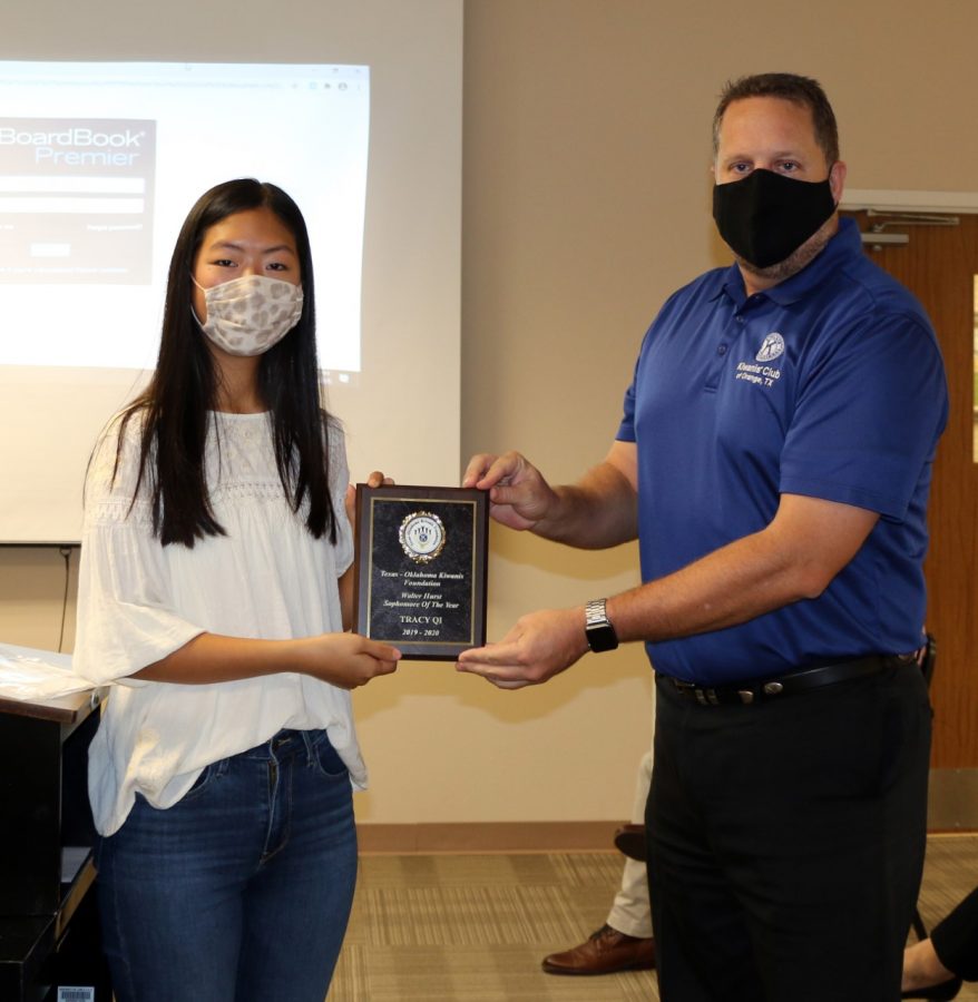 Junior Tracy Qi was presented as the Sophomore of the Year for 2019-2020 by Kiwanis Club President Shane Johns. 
