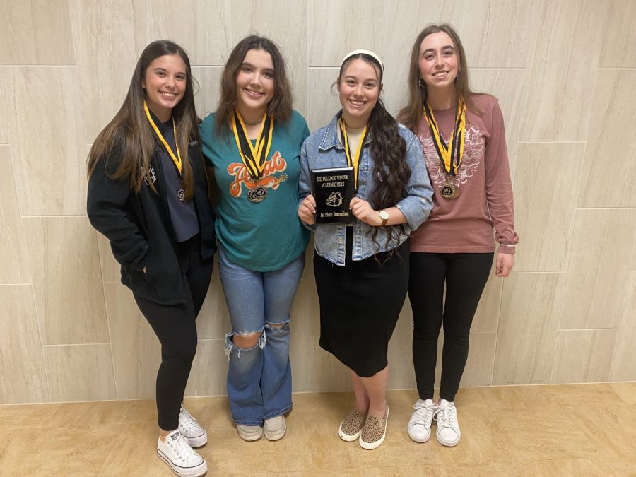 The journalism team placed first. Pictured from left to right are Annabelle Claybar, Rayna Christy, Gabrielle Moore, and Camille Kelly. 