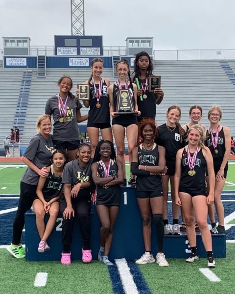Under the leadership of Becca Peveto (pictured on the far left), the LCMHS girls track team won district in 2023. 