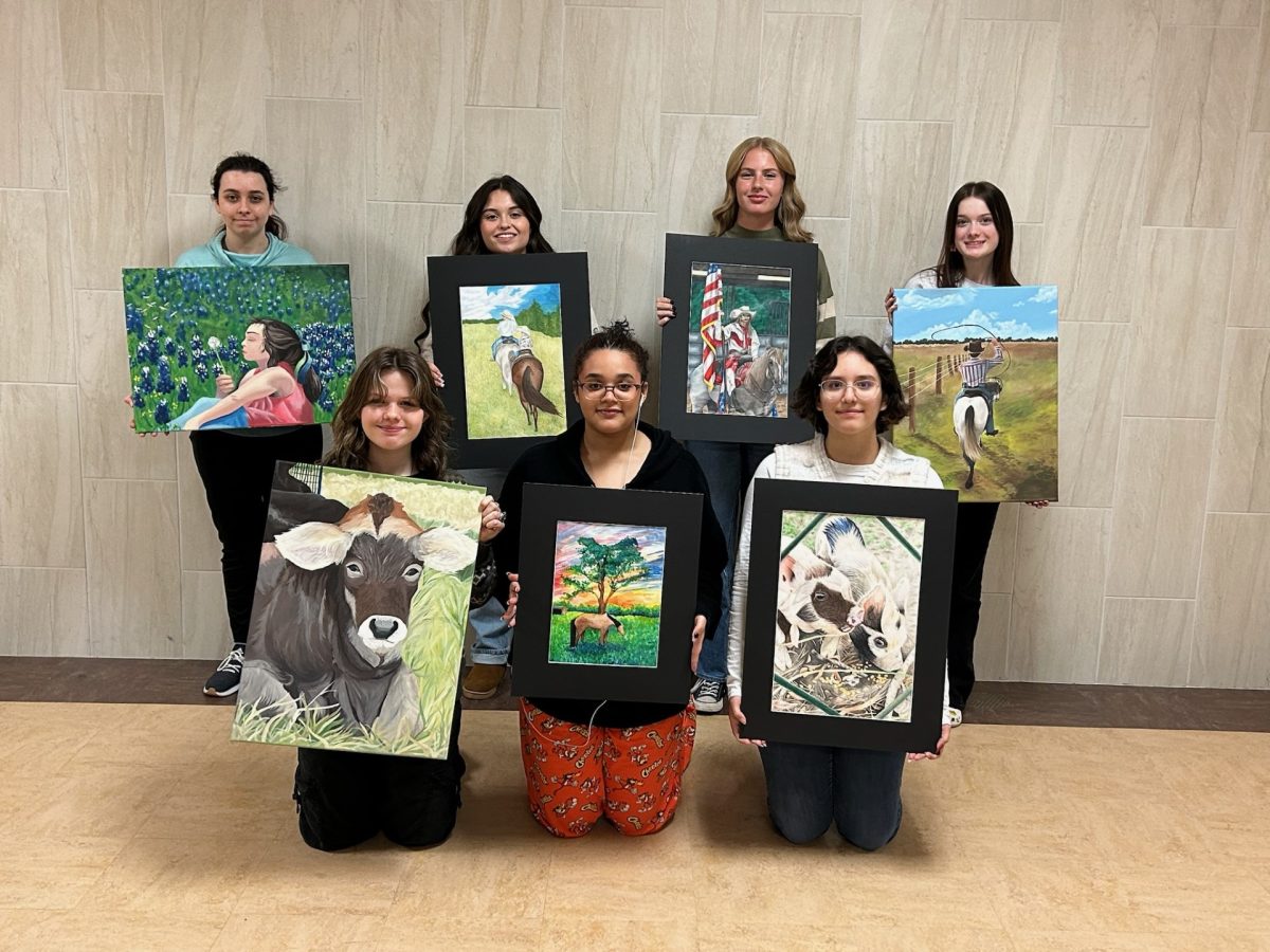 Several+art+students+submitted+entries+for+the+Houston+Livestock+Show+%26+Rodeo.+Three+of+those+students+-+Phoebe+Turner%2C+Madison+McConnell%2C+and+Aylee+Coleman%2C+all+received+awards+for+their+artwork.+