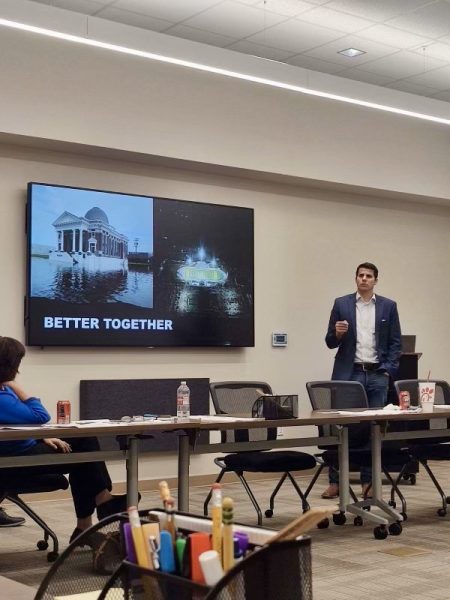 Ryan DuBose discusses promoting unity in the community at a Greater Orange Area Chamber of Commerce meeting. 